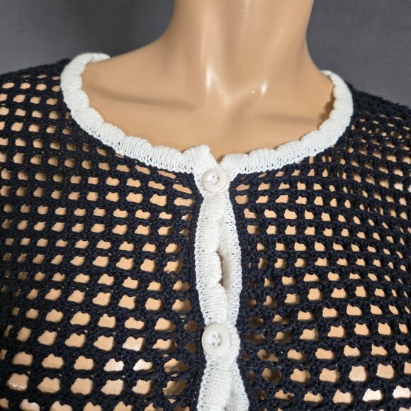 Y2K Black Crochet Fitted Cardigan White Trim Size S Retro Mod Dark Coquette - Picture 6 of 11